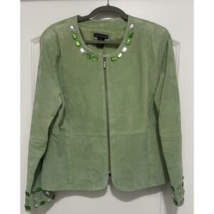 Karen Arnold Jacket Women XL Green Genuine Leather Suede Jewel Embellished Zip